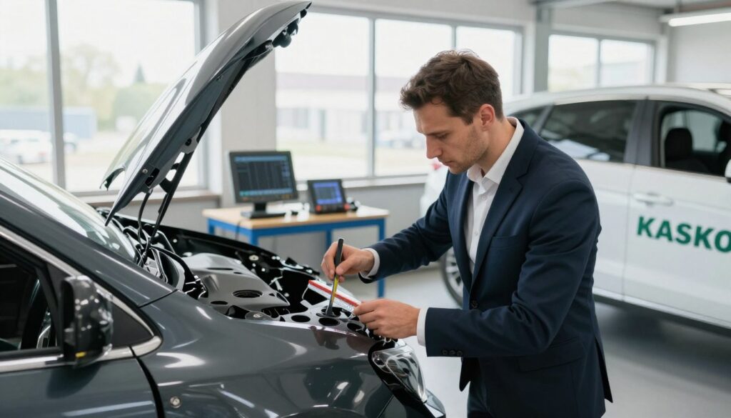 A professional automotive expert examining a damaged vehicle in a bright, well-lit car repair workshop in Poland. In the foreground, the expert, dressed in a smart business outfit, closely inspects the car's bodywork with a measuring tool, highlighting the detailed assessment process. The middle ground features additional car parts and diagnostic tools, creating a sense of an active workspace. In the background, large windows let in natural light, illuminating the room and giving a transparent atmosphere. The mood is focused and meticulous, emphasizing trust and expertise in the Kasko damage inspection process for German drivers in Poland. The image is captured from a slightly elevated angle, showcasing the workspace's layout and creating a dynamic perspective. A professional automotive expert examining a damaged vehicle in a bright, well-lit car repair workshop in Poland. In the foreground, the expert, dressed in a smart business outfit, closely inspects the car's bodywork with a measuring tool, highlighting the detailed assessment process. The middle ground features additional car parts and diagnostic tools, creating a sense of an active workspace. In the background, large windows let in natural light, illuminating the room and giving a transparent atmosphere. The mood is focused and meticulous, emphasizing trust and expertise in the Kasko damage inspection process for German drivers in Poland. The image is captured from a slightly elevated angle, showcasing the workspace's layout and creating a dynamic perspective.