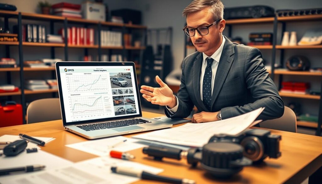 A professional automotive expert, wearing a smart business suit, is attentively explaining detailed vehicle inspection photos and calculations in a technical report. The foreground focuses on a sleek laptop displaying graphs and annotations related to vehicle assessments, while the expert gestures towards the screen with a confident expression. In the middle ground, a well-lit table is scattered with documents, tools, and vehicle parts, creating a realistic office environment. The background includes a modern office setting with shelves filled with automotive literature and equipment, softly illuminated by warm, ambient lighting. The atmosphere conveys professionalism and clarity, emphasizing the importance of thorough vehicle evaluations for German drivers in Poland. The image captures a moment of engaging explanation, showcasing both the expert's dedication and the intricate details of the report.
