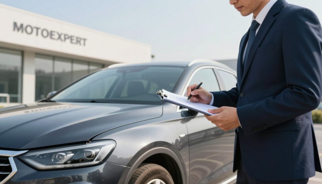 A professional environment showcasing the concept of damage assessment and claims regulation through MOTOEXPERT. In the foreground, a business professional in a navy suit, holding a clipboard and looking at a car, symbolizing assessment and verification. In the middle ground, a sleek car with visible damage, parked under soft, even daylight, highlighting the details of the damage. In the background, an office building with a clear blue sky. The atmosphere is focused and productive, with a sense of efficiency and clarity. Use a slightly elevated angle to capture the scene, emphasizing the interaction between the professional and the vehicle, with warm, natural lighting to create an inviting yet serious mood.