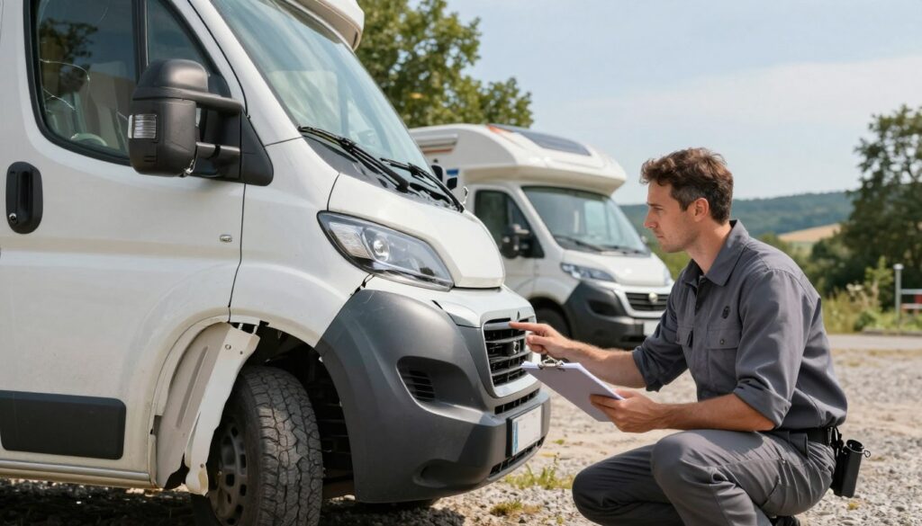 A professional evaluator inspecting a damaged motorhome outdoors, focusing on a noticeable dent on the side panel and a cracked windshield. The foreground captures a detailed view of the damage, while the evaluator, dressed in professional attire, kneels beside the vehicle with a clipboard and notepad in hand. In the middle ground, the motorhome is parked on a gravel lot surrounded by trees, conveying a realistic setting in Poland. The background features rolling hills under a clear blue sky, creating a serene atmosphere. Soft midday lighting enhances the textures of the motorhome’s exterior and highlights the evaluator's concentration. The overall mood reflects diligence and expertise in assessing typical damages to motorhomes. A professional evaluator inspecting a damaged motorhome outdoors, focusing on a noticeable dent on the side panel and a cracked windshield. The foreground captures a detailed view of the damage, while the evaluator, dressed in professional attire, kneels beside the vehicle with a clipboard and notepad in hand. In the middle ground, the motorhome is parked on a gravel lot surrounded by trees, conveying a realistic setting in Poland. The background features rolling hills under a clear blue sky, creating a serene atmosphere. Soft midday lighting enhances the textures of the motorhome’s exterior and highlights the evaluator's concentration. The overall mood reflects diligence and expertise in assessing typical damages to motorhomes.