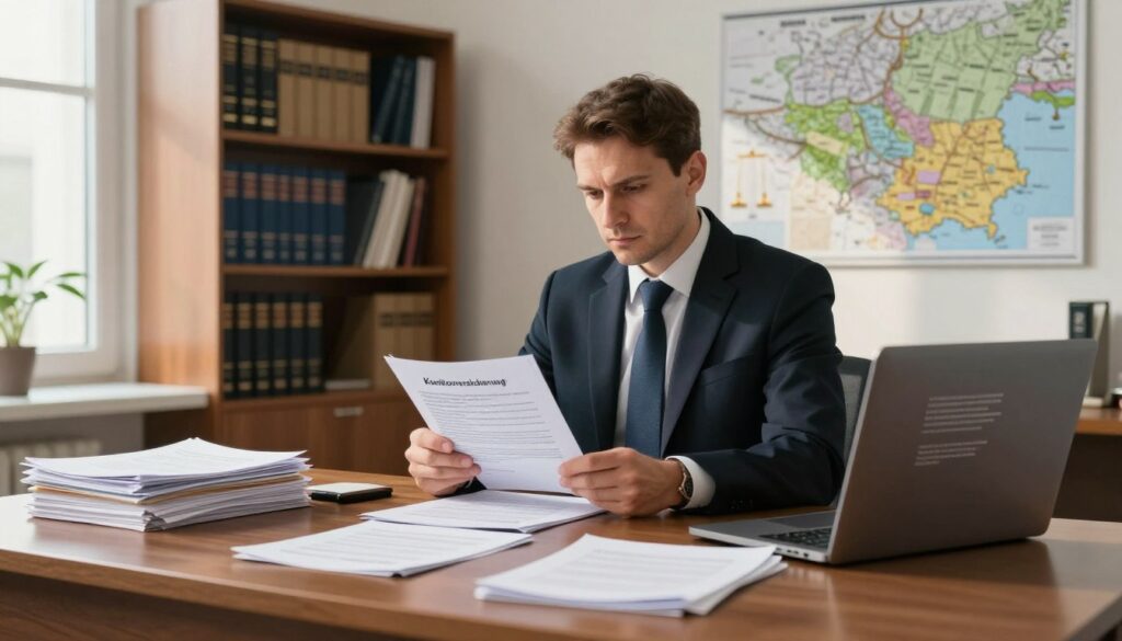 A professional law office setting with a focus on Kaskoversicherung, featuring a polished wooden desk in the foreground stacked with legal documents and a laptop displaying Polish legal codes. In the middle, a serious-looking lawyer in professional attire is reviewing a technical report, emphasizing the meticulous documentation process. Behind them, a large bookshelf filled with legal texts and a map of Poland on the wall representing the legal framework. Soft, natural light filters through a large window, casting gentle shadows to create a warm, inviting atmosphere. The scene captures the essence of professionalism and the nuances of Polish law regarding insurance claims, aiming to provide clarity and context for viewers.