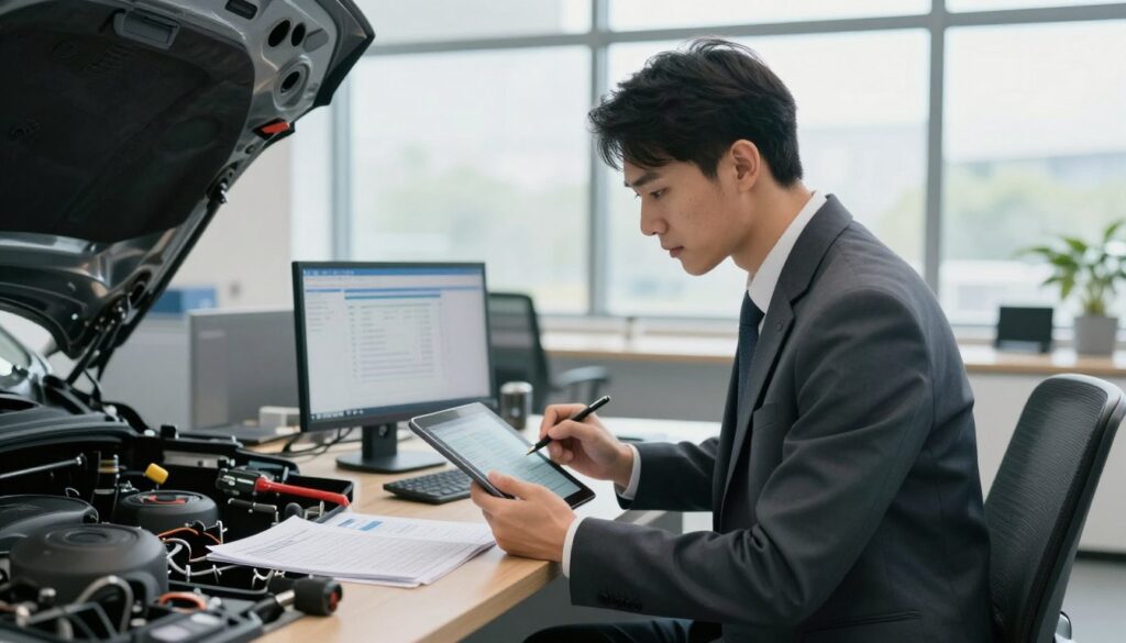A professional, modern office environment focused on vehicle assessment. In the foreground, a technician wearing a smart business outfit inspects a vehicle with a digital tablet, meticulously documenting damages. The middle ground features a well-lit work station with automotive tools, reports, and a computer displaying technical data. In the background, large windows reveal a bright, clear day outside, suggesting an efficient working atmosphere. Soft, natural light illuminates the scene, creating a calm and professional mood. The composition captures a sense of thoroughness and precision in technical assessment, with clear details that emphasize the profession.