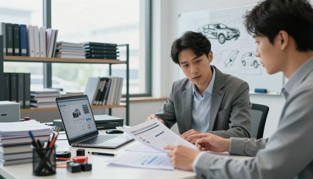 A professional office setting focused on automotive damage analysis, featuring a modern workspace with a sleek desk cluttered with technical documentation, tools, and a laptop displaying graphs and data related to vehicle inspections. In the foreground, a business professional in modest attire is engaged in a discussion with a client, pointing at a detailed report. The middle ground captures shelves filled with automotive manuals and a large window allowing soft, natural light to brighten the room, creating a focused, analytical atmosphere. In the background, a whiteboard showcases diagrams of vehicle structures and repair techniques. The overall mood is serious and informative, embodying a sense of trust and expertise in the field of vehicle damage assessment.