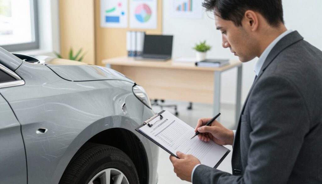 A professional office setting in Poland focusing on automotive damage assessment. In the foreground, a business professional dressed in business attire is examining a car's damage, with a clipboard and technical equipment in hand. In the middle ground, a damaged vehicle is positioned with visible scratches and dents under bright, natural lighting that highlights the details. The background features a modern office with soft colors, showing charts and documents related to car insurance and evaluations. The atmosphere is serious yet collaborative, evoking a sense of professionalism and diligence in the damage reporting process. The scene is captured from a slightly elevated angle to emphasize the assessment and surroundings, creating an immersive and informative visual.