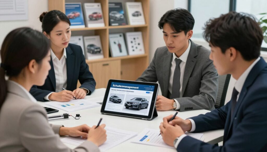 A professional office setting showcasing "Schadenmanagement" in action. In the foreground, a diverse group of business professionals in smart attire are engaged in a discussion around a digital tablet displaying vehicle damage assessment images. The middle ground features a large, sleek desk with paperwork, graphs, and tools related to car damage evaluations, emphasizing vehicle total loss assessments. The background includes shelves with automotive brochures and technical manuals, creating an educational atmosphere. The lighting is bright and warm, simulating a productive office environment, with a slight blur on the background to draw focus to the professionals’ engaged conversation. The mood is collaborative and focused, reflecting the importance of communication in damages management. A professional office setting showcasing "Schadenmanagement" in action. In the foreground, a diverse group of business professionals in smart attire are engaged in a discussion around a digital tablet displaying vehicle damage assessment images. The middle ground features a large, sleek desk with paperwork, graphs, and tools related to car damage evaluations, emphasizing vehicle total loss assessments. The background includes shelves with automotive brochures and technical manuals, creating an educational atmosphere. The lighting is bright and warm, simulating a productive office environment, with a slight blur on the background to draw focus to the professionals’ engaged conversation. The mood is collaborative and focused, reflecting the importance of communication in damages management.