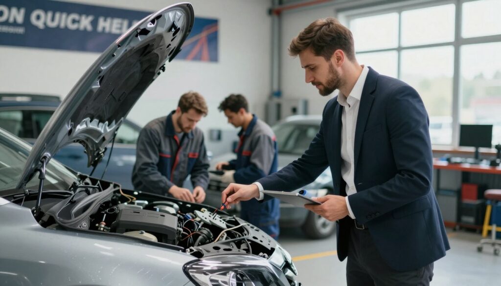 A professional scene depicting a busy car service center in Poland, focusing on immediate assistance for car damage. In the foreground, a detailed view of a friendly insurance agent in business attire, demonstrating support to a distressed driver standing next to a damaged vehicle, showcasing visible scratches and dents. In the middle ground, mechanics are seen inspecting another car, tools and diagnostic equipment scattered around. The background features a bright, well-lit service workshop with banners illustrating the concept of quick help. Soft, natural lighting filters through large windows, creating an approachable and reassuring atmosphere. The angle of the shot should engage the viewer, highlighting the human interaction and technical assistance being provided, symbolizing trust and professionalism in times of need.