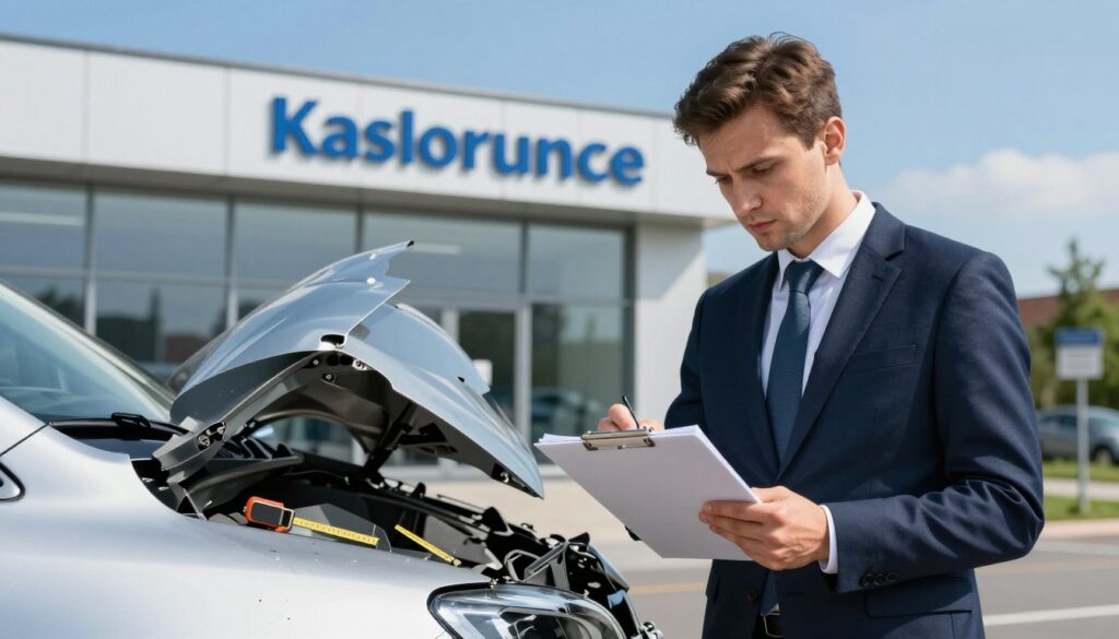 A professional scene illustrating a car insurance assessment in Poland, focusing on a detailed Kasko damage report. In the foreground, a well-dressed individual in business attire, holding a clipboard and examining a damaged vehicle, with a look of concentration on their face. The middle ground features a partially damaged car, showcasing various visible dents and scratches, while a measuring tool lays nearby. In the background, a modern office building representative of an insurance company, against a clear blue sky. The lighting captures a crisp, bright day, emphasizing professionalism and clarity. The atmosphere conveys diligence and expertise, with subtle hints of the Polish landscape visible, such as greenery or street signs to ground the setting.