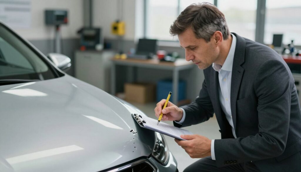 A professional setting depicting a Kasko Schadensgutachter in Poland analyzing a car for an insurance evaluation. In the foreground, a middle-aged male expert in a tailored suit is inspecting a silver sedan, using a clipboard and measuring tools. He has a focused expression, demonstrating expertise. In the middle ground, vivid details of the car's exterior are shown, highlighting minor damages and scratches. The background features a serene and slightly blurred automotive workshop with tools and equipment neatly arranged, conveying professionalism. The lighting is soft and natural, suggesting early afternoon, with subtle reflections on the car's surface. The atmosphere is serious yet calm, emphasizing the meticulous process of vehicular damage assessment for clients.