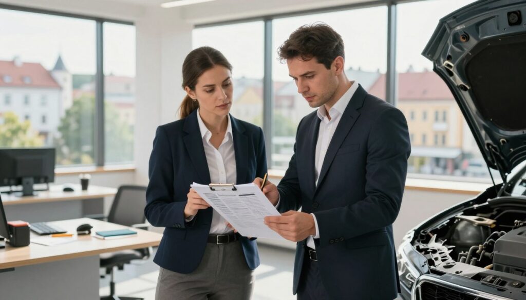 A professional setting depicting a collision expert evaluation scene in Poland. In the foreground, a confident male and female expert, dressed in business attire, reviewing a detailed technical report on a clipboard. The experts are examining a damaged car, capturing the essence of meticulous assessment. In the middle ground, a modern office environment with large windows allowing natural light to flood in, creating a bright and inviting atmosphere. Tools and equipment for vehicle assessment are organized neatly on a desk. The background features a large window showcasing a picturesque Polish cityscape, hinting at the location with subtle architectural details. The lighting is warm and professional, enhancing the focus on the experts as they discuss the evaluation process. The mood is serious yet collaborative, reflecting the importance of the expert evaluation in the insurance claim process. A professional setting depicting a collision expert evaluation scene in Poland. In the foreground, a confident male and female expert, dressed in business attire, reviewing a detailed technical report on a clipboard. The experts are examining a damaged car, capturing the essence of meticulous assessment. In the middle ground, a modern office environment with large windows allowing natural light to flood in, creating a bright and inviting atmosphere. Tools and equipment for vehicle assessment are organized neatly on a desk. The background features a large window showcasing a picturesque Polish cityscape, hinting at the location with subtle architectural details. The lighting is warm and professional, enhancing the focus on the experts as they discuss the evaluation process. The mood is serious yet collaborative, reflecting the importance of the expert evaluation in the insurance claim process.