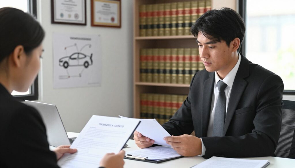 A professional setting depicting a legal consultation related to traffic accidents and insurance coverage. In the foreground, a businessperson in formal attire is seated at a desk with legal documents and a laptop, looking attentively at a colleague across the table who is holding a technical report. The middle ground features a wall with framed certificates and a whiteboard with diagrams related to car damage assessment. The background shows a bookshelf filled with law books and a window allowing natural light to stream in, creating a warm, focused atmosphere. The image should have a clear depth of field, emphasizing the foreground subjects while softly blurring the background. The mood is serious yet collaborative, suited for a professional legal discussion.