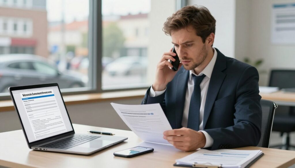 A professional setting depicting the process of filing a damage report for comprehensive car insurance (Kasko-Versicherung) in Poland. In the foreground, a neatly arranged desk with a laptop open, showing a digital claim form, alongside a pen and a smartphone displaying a customer service app. In the middle, a well-dressed German driver, wearing business attire, looks focused while reviewing documents and speaking into the phone, conveying a sense of urgency and professionalism. In the background, a window reveals a sunny day in a busy Polish city, suggesting a modern, efficient environment. Soft, natural lighting illuminates the scene, creating a calm yet focused atmosphere. The image should have a clear focus, capturing the essence of the claims process in an engaging and relatable manner. A professional setting depicting the process of filing a damage report for comprehensive car insurance (Kasko-Versicherung) in Poland. In the foreground, a neatly arranged desk with a laptop open, showing a digital claim form, alongside a pen and a smartphone displaying a customer service app. In the middle, a well-dressed German driver, wearing business attire, looks focused while reviewing documents and speaking into the phone, conveying a sense of urgency and professionalism. In the background, a window reveals a sunny day in a busy Polish city, suggesting a modern, efficient environment. Soft, natural lighting illuminates the scene, creating a calm yet focused atmosphere. The image should have a clear focus, capturing the essence of the claims process in an engaging and relatable manner.