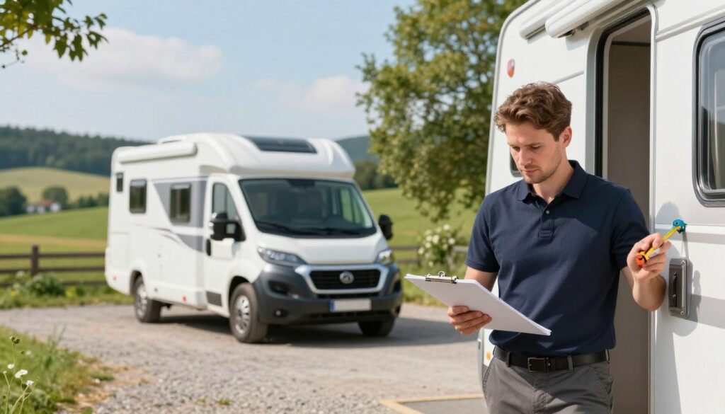 A professional vehicle appraisal scene for a camper in Poland, showcasing a skilled technician inspecting the vehicle in detail. The foreground features the technician, dressed in smart casual attire, carefully examining the camper’s exterior using a clipboard and measuring tools. In the middle ground, a well-maintained Polish landscape, with rolling hills and lush greenery, provides context, while the camper is parked on a clean, gravel surface. The background features a sunlit, clear blue sky, enhancing the outdoor atmosphere. Natural lighting filters gently through the trees, creating a warm and relaxed mood, capturing the essence of vehicle assessment differences between Germany and Poland. Focus on realism and clarity, with a shallow depth of field to emphasize the technician's detailed work.
