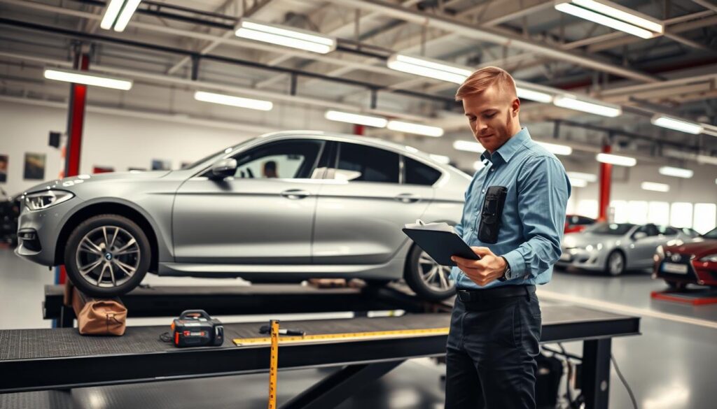 A professional vehicle inspection scene is set in a well-lit automotive workshop. In the foreground, a certified inspector, dressed in a crisp blue shirt and black trousers, meticulously examines a sleek German sedan parked on a lift. The inspector holds a clipboard, documenting visible bodywork and concealed damage under the vehicle's chassis. In the middle ground, tools and equipment are neatly arranged, including a measuring tape and a digital imaging device for detailed analysis. The background features a bright, organized garage with various car models undergoing assessment, illuminated by fluorescent lighting, casting a clean and efficient atmosphere. The overall mood reflects professionalism, precision, and thoroughness, showcasing the importance of independent evaluations for vehicle safety in Poland. A professional vehicle inspection scene is set in a well-lit automotive workshop. In the foreground, a certified inspector, dressed in a crisp blue shirt and black trousers, meticulously examines a sleek German sedan parked on a lift. The inspector holds a clipboard, documenting visible bodywork and concealed damage under the vehicle's chassis. In the middle ground, tools and equipment are neatly arranged, including a measuring tape and a digital imaging device for detailed analysis. The background features a bright, organized garage with various car models undergoing assessment, illuminated by fluorescent lighting, casting a clean and efficient atmosphere. The overall mood reflects professionalism, precision, and thoroughness, showcasing the importance of independent evaluations for vehicle safety in Poland.