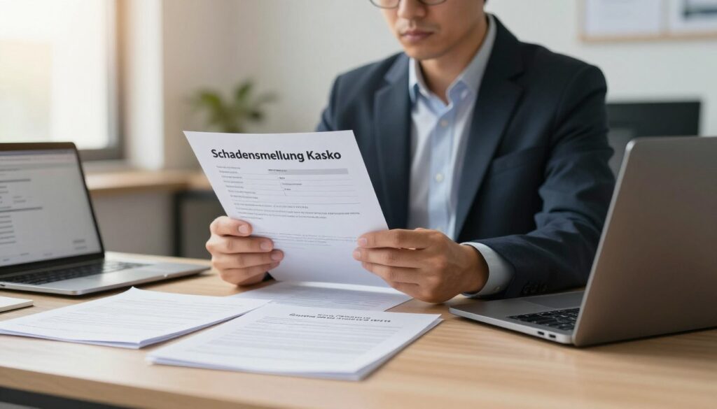 A professional, well-organized office setting focused on the theme of car insurance damage claims, titled "Schadensmeldung Kasko." In the foreground, a neatly arranged desk with essential documents and a laptop displaying a digital form for reporting vehicle damage. In the middle ground, a focused individual in smart business attire meticulously reviewing an incident report related to car damage; they have a serious expression, reflecting the importance of the task. The background features soft office lighting, with a window allowing natural light to filter through, casting a warm glow over the space. The atmosphere is serious yet professional, conveying the diligence required in the vehicle damage documentation process.
