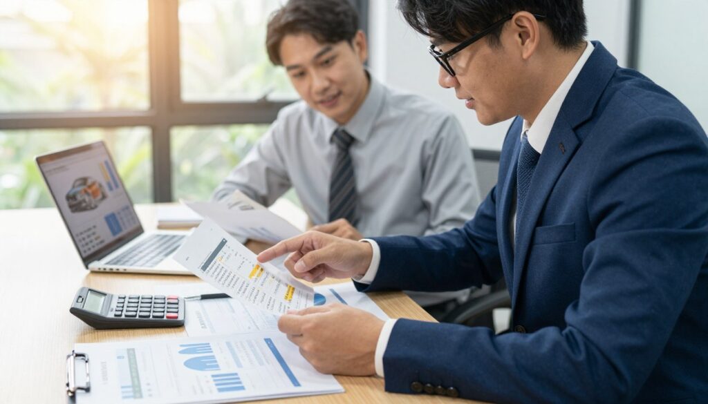 A professional workspace featuring a financial consultant and a motor vehicle expert engaged in discussion over a technical report. In the foreground, a well-dressed consultant, wearing a navy blue suit and glasses, is pointing at a document with financing options highlighted. The middle layer shows a table neatly arranged with papers, a calculator, and a laptop displaying graphs related to vehicle appraisal costs. The background features a modern office with large windows letting in soft, natural light, casting a warm and inviting atmosphere. Use a slightly blurred focus on the background to highlight the subjects. Capture a sense of professionalism and optimism, emphasizing the importance of financial guidance in obtaining vehicle appraisals. A professional workspace featuring a financial consultant and a motor vehicle expert engaged in discussion over a technical report. In the foreground, a well-dressed consultant, wearing a navy blue suit and glasses, is pointing at a document with financing options highlighted. The middle layer shows a table neatly arranged with papers, a calculator, and a laptop displaying graphs related to vehicle appraisal costs. The background features a modern office with large windows letting in soft, natural light, casting a warm and inviting atmosphere. Use a slightly blurred focus on the background to highlight the subjects. Capture a sense of professionalism and optimism, emphasizing the importance of financial guidance in obtaining vehicle appraisals.