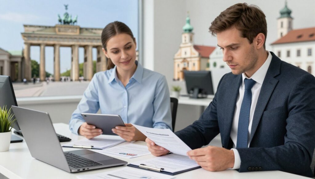 A split-scene image illustrating the differences in Kfz-Versicherung Abwicklung between Germany and Poland. In the foreground, show a professional looking German insurance agent in business attire, reviewing documents at a desk filled with car-related files and a laptop, focused and serious. In the middle, depict a contrasting Polish insurance representative in a modern office, comparing technological tools like tablets and digital forms with a friendly demeanor. The background should feature a split view of iconic German and Polish landscapes, like the Brandenburg Gate and a picturesque Polish town square, signifying cultural difference. Soft, natural lighting emphasizes a professional atmosphere, with a focus on transparency and communication in the insurance process.