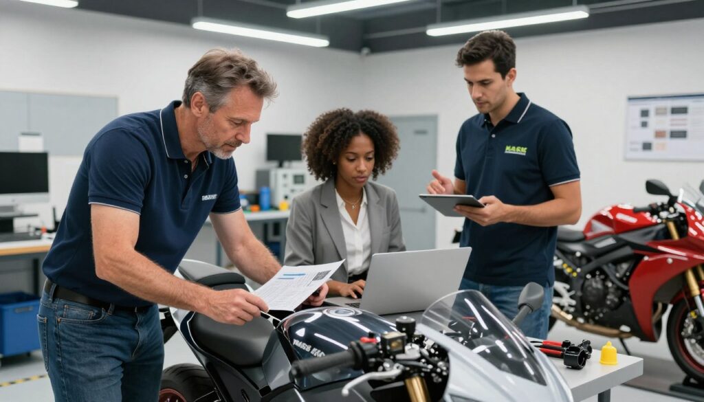 A team of three automotive experts, diverse in ethnicity, collaborating in a well-lit workshop focused on motorcycle repair and assessment. In the foreground, a middle-aged Caucasian man in a smart casual outfit inspects a motorcycle on a workbench, using tools and technical documents. In the middle ground, a young Black woman, also in professional attire, is focused on a laptop, analyzing data related to Kasko damage assessments. A Hispanic man dressed in a branded polo shirt discusses with them, gesturing towards a motorcycle in the background. The workshop is modern, equipped with high-tech instruments and tools, with bright fluorescent lighting casting a crisp atmosphere. The mood is serious yet collaborative, emphasizing expertise and professionalism in automotive diagnostics.