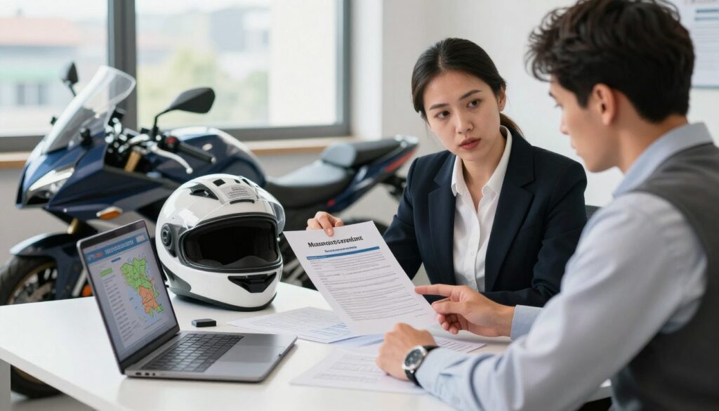 A vibrant and professional office scene depicting a motorcycle insurance consultation for German drivers in Poland. In the foreground, a confident, business-attired female insurance expert is explaining a technical report to a concerned motorcyclist, seated at a sleek table filled with documents and a laptop. The middle features realistic details like a motorcycle helmet, an open laptop showing insurance graphics, and a map of Poland. In the background, a window reveals a sunny day outside, with a hint of a cityscape. The lighting is bright and welcoming, evoking a sense of trust and professionalism. The atmosphere combines urgency and reassurance, reflecting the topic of avoiding motorcycle insurance damages.